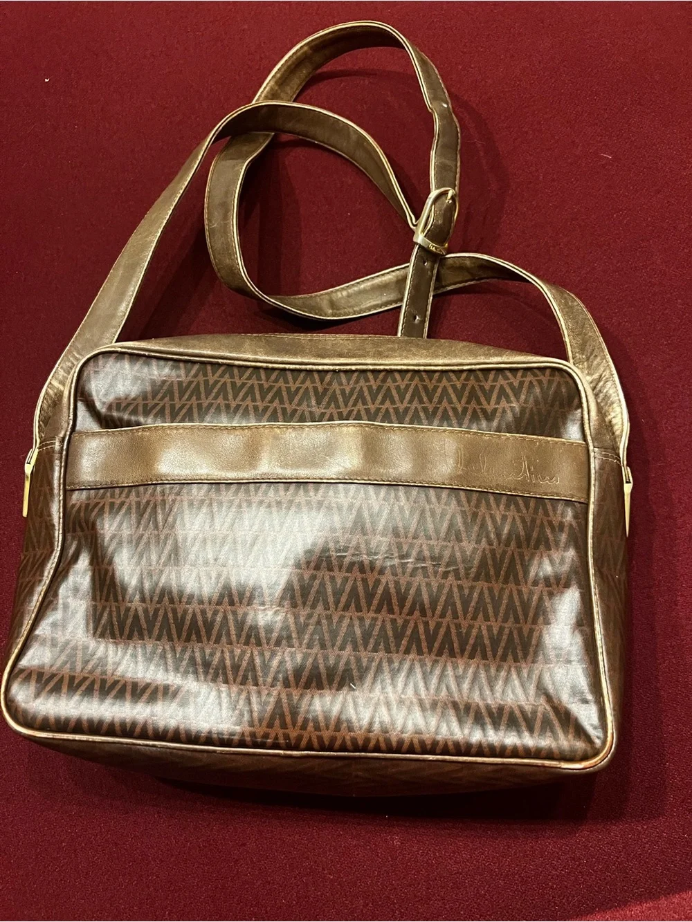 Vintage Mario Valentino Monogram Crossbody Bag Brown Leather Coated Canvas Vtg
